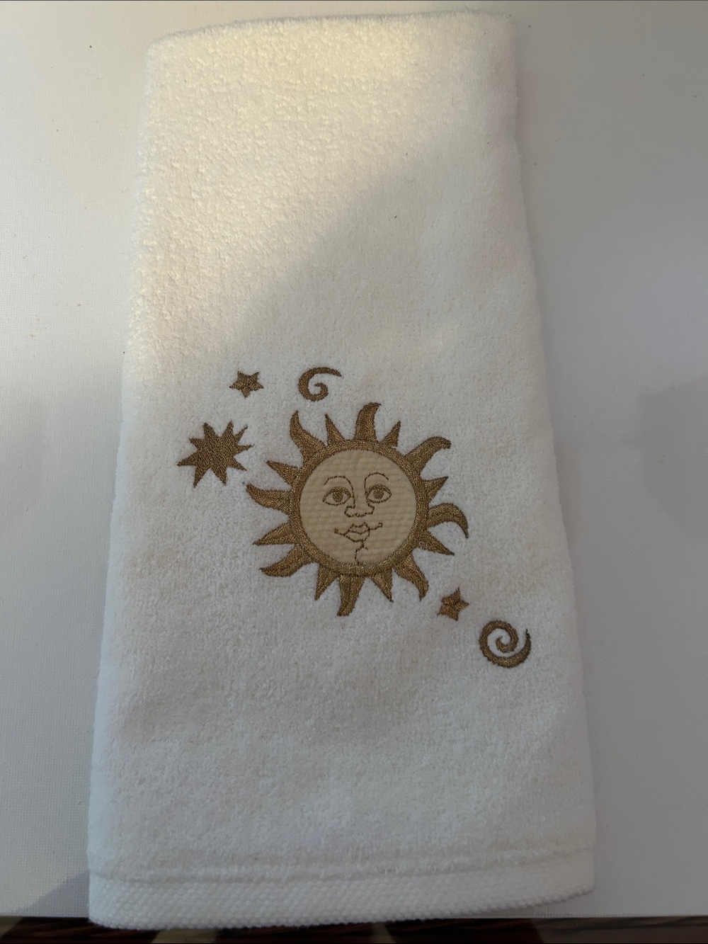 Vintage White Hand Towel with Gold Sun & Stars Embroidery